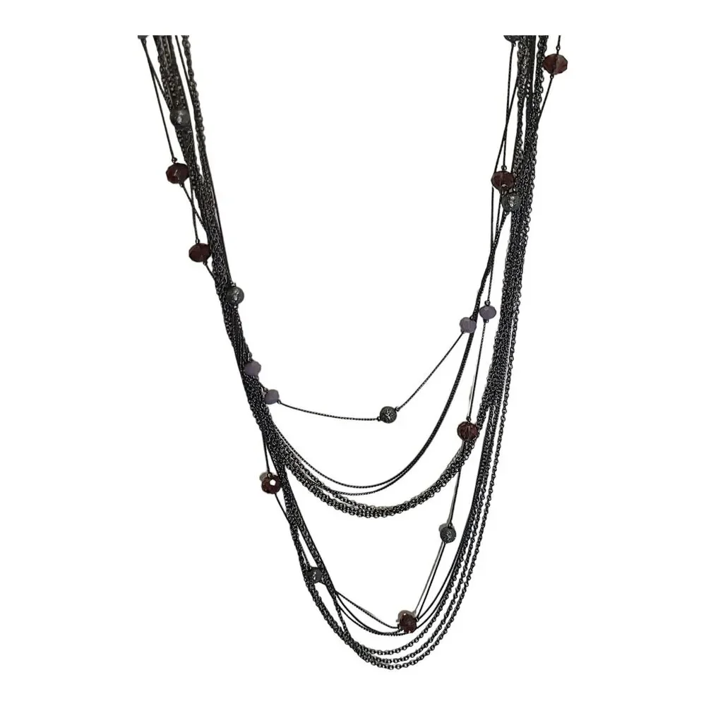 Gunmetal & Purple Crystal Bead Multi Strand Station Necklace 26-28